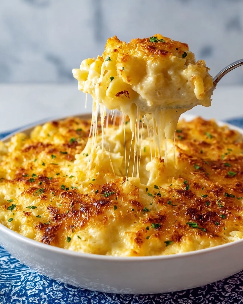 A white bowl filled with creamy macaroni and cheese is shown with a scoop being lifted by a fork, held by a woman's hand. The dish has two visible layers: the top layer is golden brown and crispy, with a slightly rough texture and browned cheese spots, while the lower layer is smooth and cheesy, pale yellow with gooey melted cheese strands stretching upward. Small green herb pieces are sprinkled over the top. The bowl is set on a white marbled surface with a blue cloth partially visible beneath it. Photo taken with an iphone --ar 4:5 --v 7