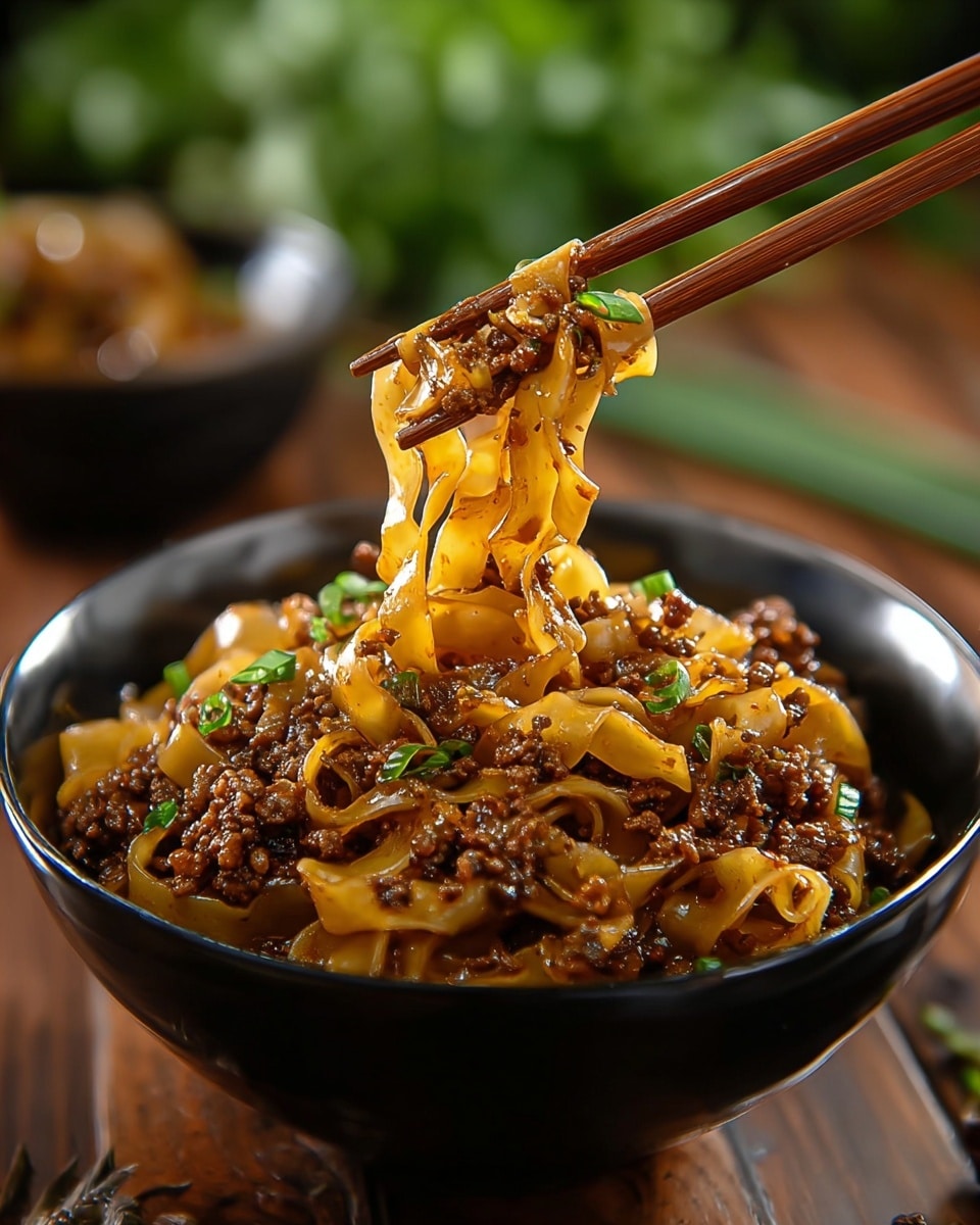 A bowl of thick, flat noodles coated in a shiny, rich brown sauce mixed with small pieces of cooked ground meat and sprinkled with chopped green onions. The noodles look tender and slightly curled, with the meat evenly spread on top and mixed in. The black bowl adds contrast to the dish, and a pair of wooden chopsticks is lifting a portion of noodles and meat above the bowl. The background is softly blurred with hints of green, creating a fresh atmosphere on a white marbled surface. photo taken with an iphone --ar 4:5 --v 7