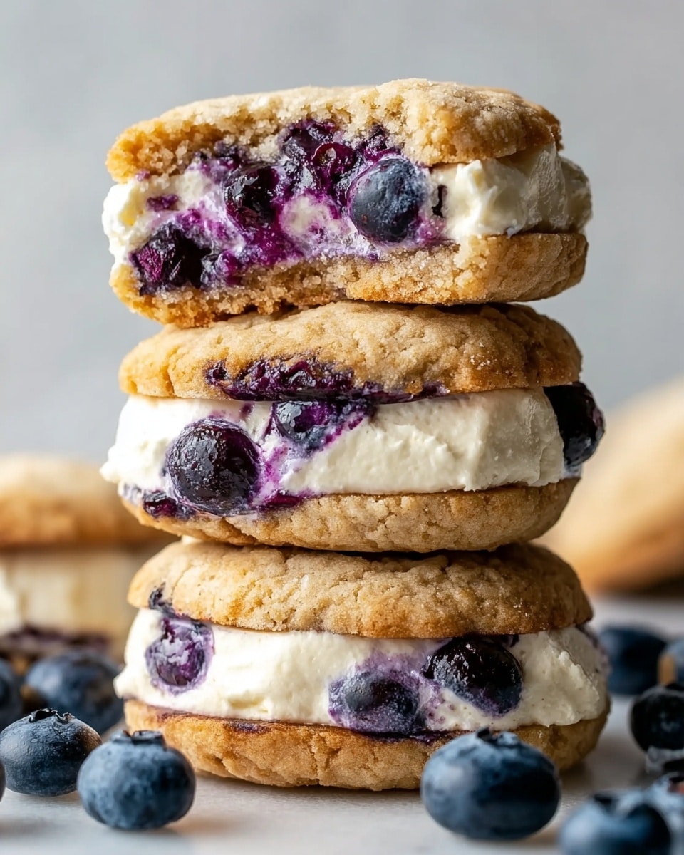 A stack of four thick cookies, each split in half to show the inside layers; the base layer is a soft, light golden brown cookie dough, topped with a creamy white filling that looks smooth and rich, mixed with dark purple-blue blueberries that are whole and juicy, with their juice slightly melting into the cream. The cookies are stacked unevenly on a white marbled surface, with some fresh blueberries scattered around at the bottom. The background is soft and light, giving a clean and fresh feel. photo taken with an iphone --ar 4:5 --v 7