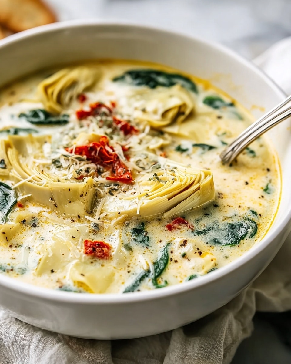 A white bowl filled with creamy yellow soup that has soft textures and chunks of artichoke hearts spread on top. There are dark green spinach leaves floating in the soup, along with small red bits that look like peppers or seasoning. Shredded cheese in a pale yellow color is visible below the surface. The soup is sprinkled with black pepper, adding small dark specks on top. Two silver spoons are placed inside the bowl, resting on the edge. The bowl is set on a light gray cloth and a white marbled surface. photo taken with an iphone --ar 4:5 --v 7