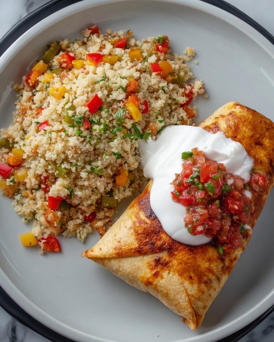 A white plate holds a meal with two main parts: on the left, a pile of small grain-like pieces mixed with red, green, and yellow vegetable bits, giving it a colorful, textured look; on the right, a golden-brown burrito with a crispy surface is topped with a smooth white layer of sour cream and a small mound of finely chopped red tomatoes mixed with a few bits of green pepper, placed on a white marbled surface. photo taken with an iphone --ar 4:5 --v 7
