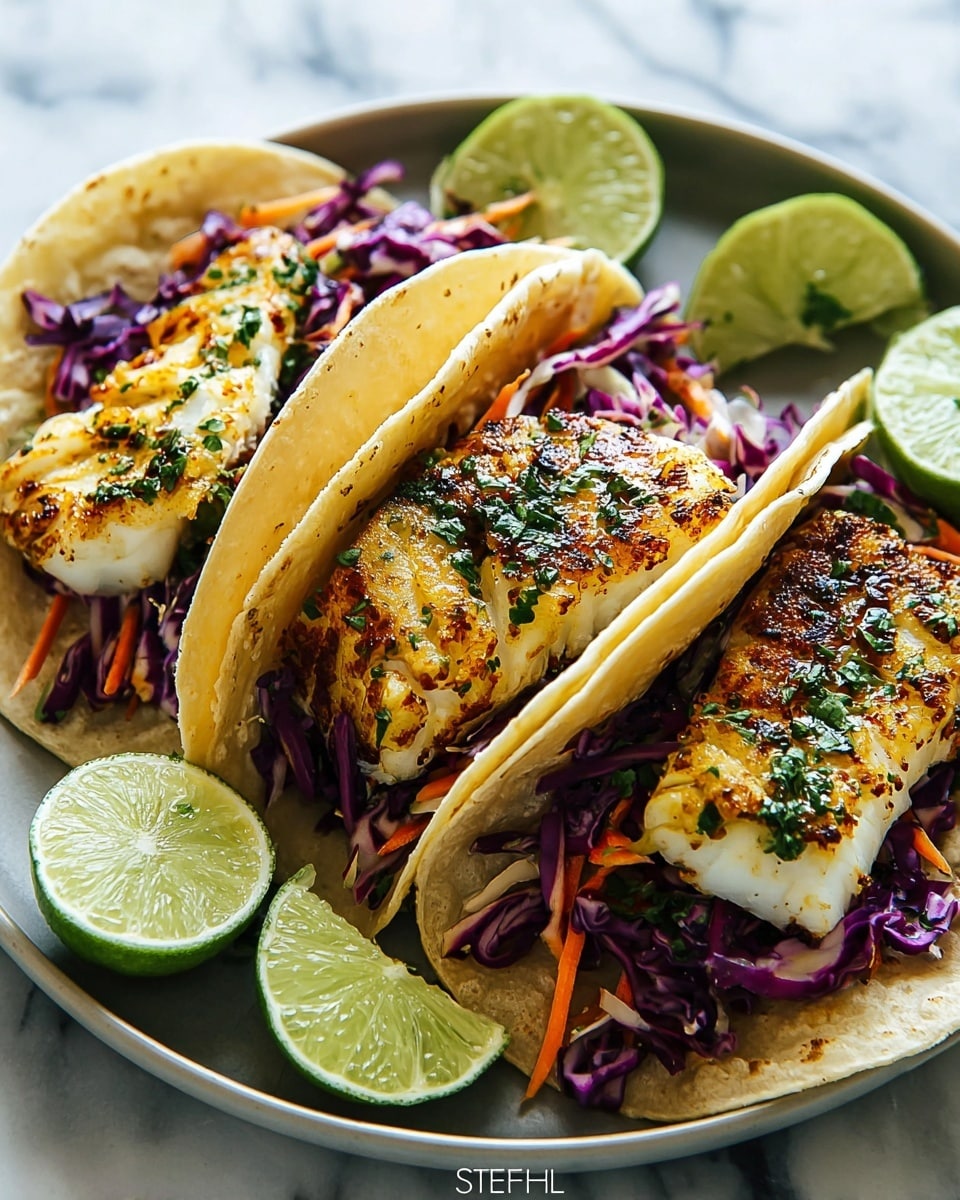 This image shows three fish tacos on a white plate with a white marbled surface underneath. Each taco has three clear layers: the bottom layer is a soft, light yellow corn tortilla with toasted char marks, the middle layer is a mix of shredded purple cabbage and some bits of orange carrot, giving a fresh crunchy look, and the top layer is a thick, grilled white fish fillet with golden brown sear marks and small green cilantro leaves sprinkled on top. Around the tacos are several lime wedges adding a bright green color and hinting at fresh flavor. Photo taken with an iphone --ar 4:5 --v 7