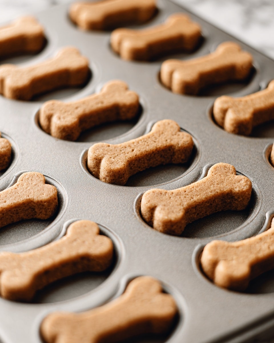 The image shows a close-up of a baking tray filled with six freshly baked treats shaped like dog bones. Each bone is light brown with a slightly rough, grainy texture that suggests a crunchy outside. The bones are evenly spaced in the metal tray's round wells, which have a smooth, dull surface. The tray rests on a white marbled surface, visible at the edges. The shapes are thick, about two layers deep, with no extra decoration or toppings, just the plain baked dough. Photo taken with an iphone --ar 4:5 --v 7