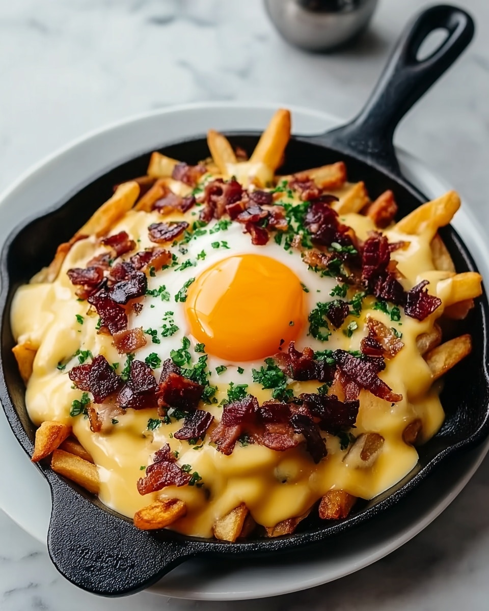 A black cast iron skillet sits on a white plate on a white marbled surface, filled with a dish featuring a base layer of golden brown French fries. Over the fries is a thick, creamy yellow cheese sauce that covers them unevenly, creating a rich texture. On top of the cheese layer, there is a perfectly cooked sunny-side-up egg with a vibrant, glossy orange yolk in the center. Scattered around and on top of the egg are crispy, dark reddish-brown bacon pieces and finely chopped green herbs, adding color contrast and texture to the dish. Photo taken with an iphone --ar 4:5 --v 7