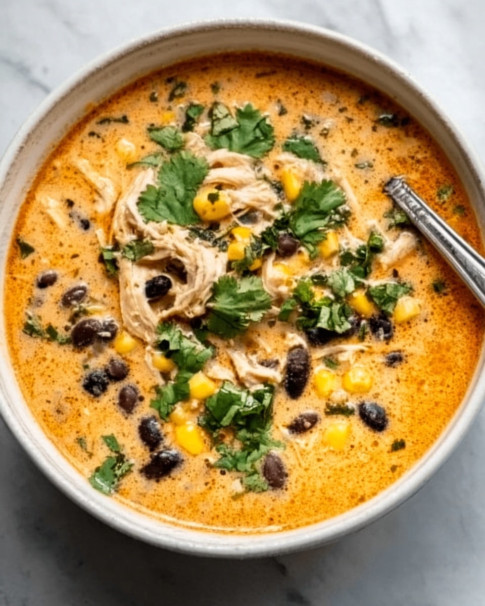 A white bowl filled with creamy orange soup, topped with shredded chicken spread evenly across the surface, dark black beans scattered over the soup, small yellow corn kernels placed in the middle, and fresh green cilantro leaves on top. A spoon rests inside the bowl on the right side. The bowl is set on a white marbled surface. Photo taken with an iphone --ar 4:5 --v 7