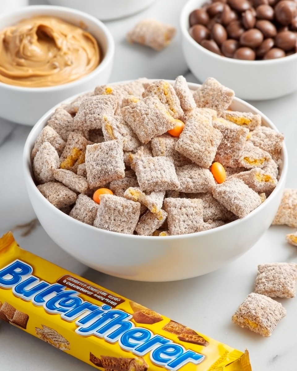 The image shows a white bowl filled with square cereal pieces covered in a light brown powder with small orange crunchy bits mixed in. The bowl is placed on a white marbled surface, with a peanut butter container and some Butterfinger candy bars around it. The cereal looks crunchy and coated, with the orange bits scattered on top adding texture and color contrast. The focus is on the bowl of cereal with a soft blurred background. Photo taken with an iphone --ar 4:5 --v 7