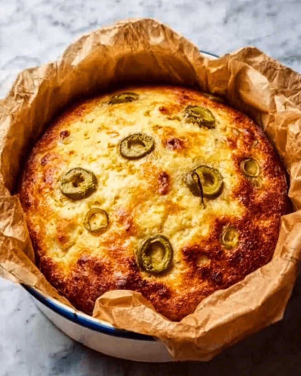 A round, golden-brown bread with a slightly crispy top sits inside a white baking dish lined with brown parchment paper. The bread shows visible melted cheese on top, along with several green olive slices evenly scattered. The texture looks fluffy inside with a crunchy baked crust on the edges. The baking dish is placed on a white marbled surface. Photo taken with an iphone --ar 4:5 --v 7