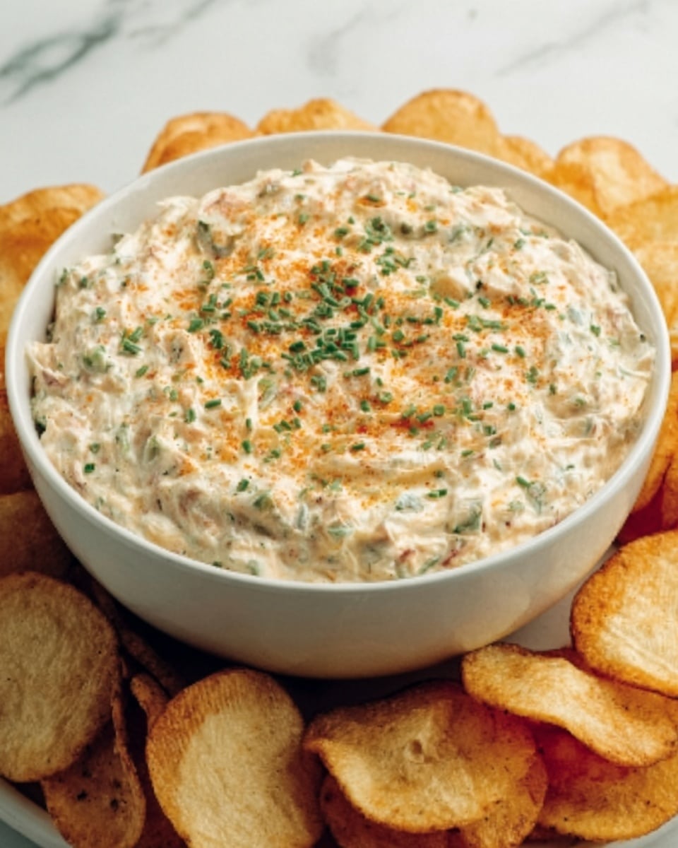 A white bowl filled with a creamy dip that is light beige with small green herb pieces mixed throughout, topped with a thin layer of finely chopped herbs and a sprinkling of orange seasoning. Surrounding the bowl are golden brown, round potato chips with a slightly crispy texture. The bowl is placed on a white marbled surface. Photo taken with an iphone --ar 4:5 --v 7