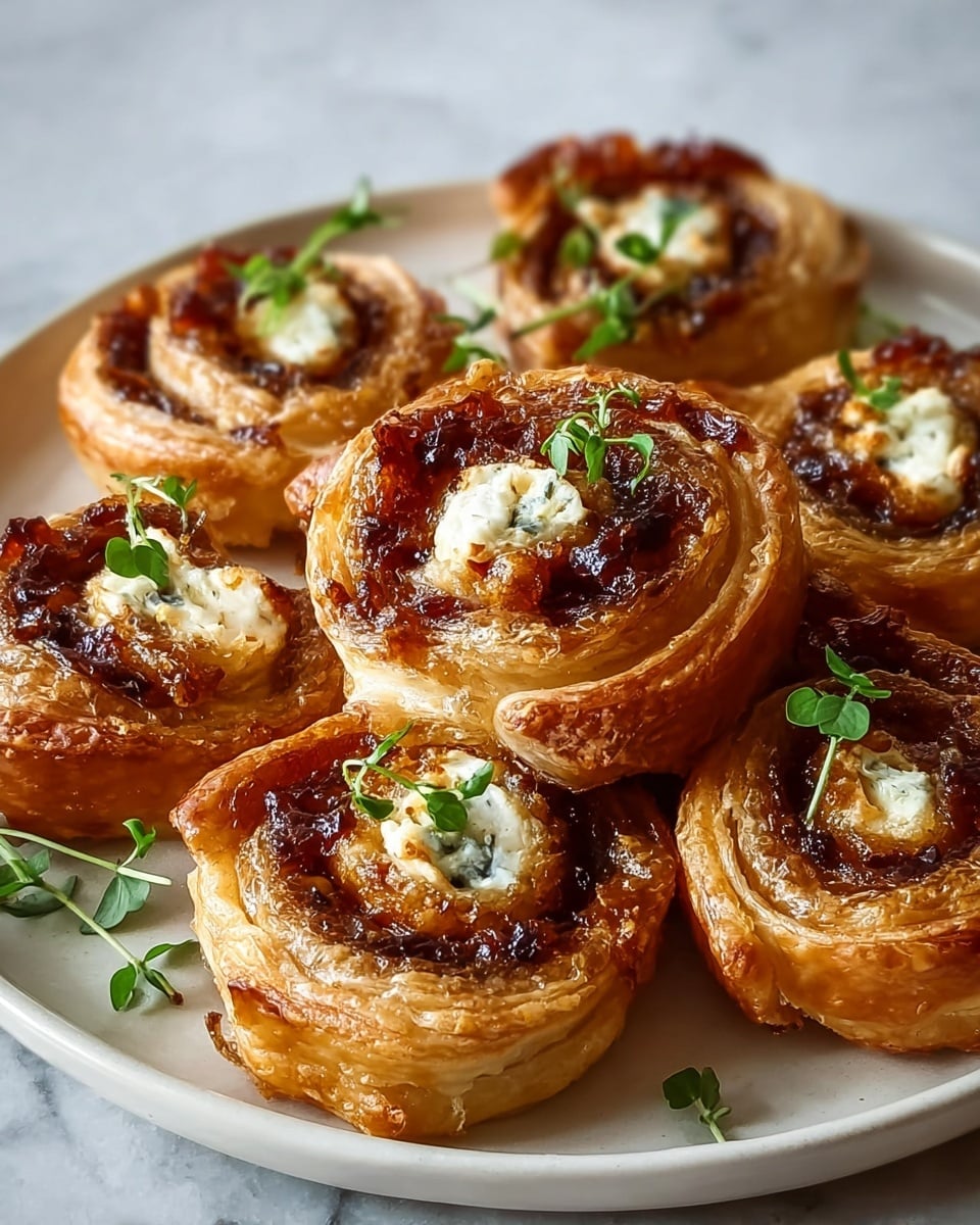 A close-up of about seven small, round puff pastry pinwheels stacked on a white plate, each pinwheel showing multiple golden-brown flaky layers with a spiral of dark brown filling and a creamy, white center with a slightly browned top. Small green herb sprigs are scattered on top and around the pinwheels, adding a fresh touch. The plate sits on a white marbled surface. photo taken with an iphone --ar 4:5 --v 7