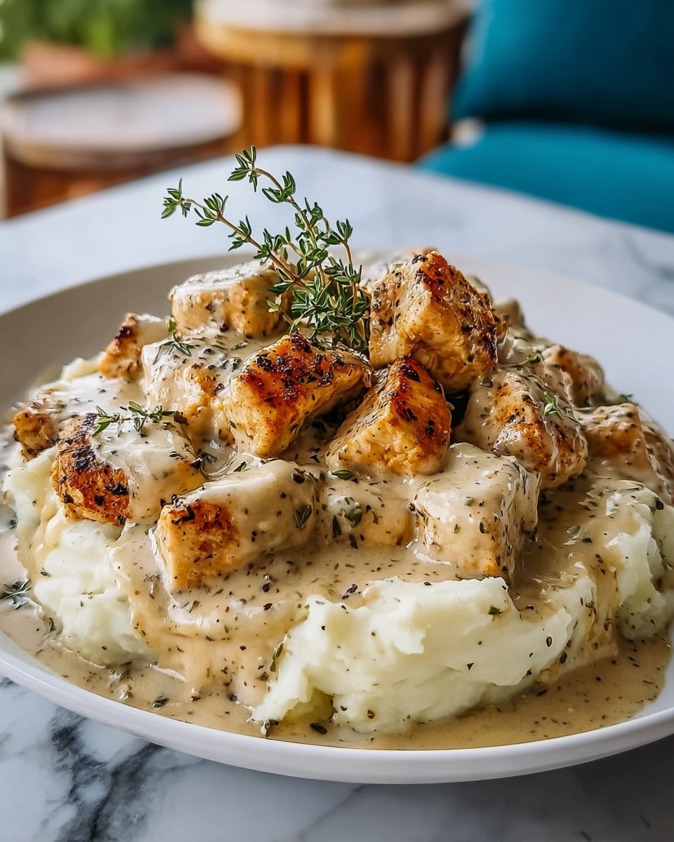 A white plate holds a bed of creamy mashed potatoes with a smooth, soft texture. On top, there are browned chunks of chicken showing slight charring and grill marks. The chicken is covered in a thick, beige gravy speckled with dark herbs, which drips down onto the mashed potatoes. A small sprig of fresh green thyme decorates the top center, adding a touch of color contrast. The dish sits on a white marbled surface, with soft natural light highlighting the textures and colors. Photo taken with an iphone --ar 4:5 --v 7