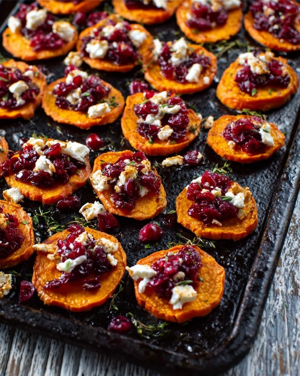The image shows a tray filled with small, round slices of bright orange sweet potatoes, each topped with several layers. On the bottom is the smooth, slightly crispy sweet potato slice. Above that, there is a layer of dark red cranberry sauce with visible bits of fruit. On top of the cranberry is a sprinkle of fluffy white crumbled cheese, some small pieces of chopped nuts, and fresh green herbs scattered over everything. The tray is placed on a white marbled surface. Photo taken with an iphone --ar 4:5 --v 7