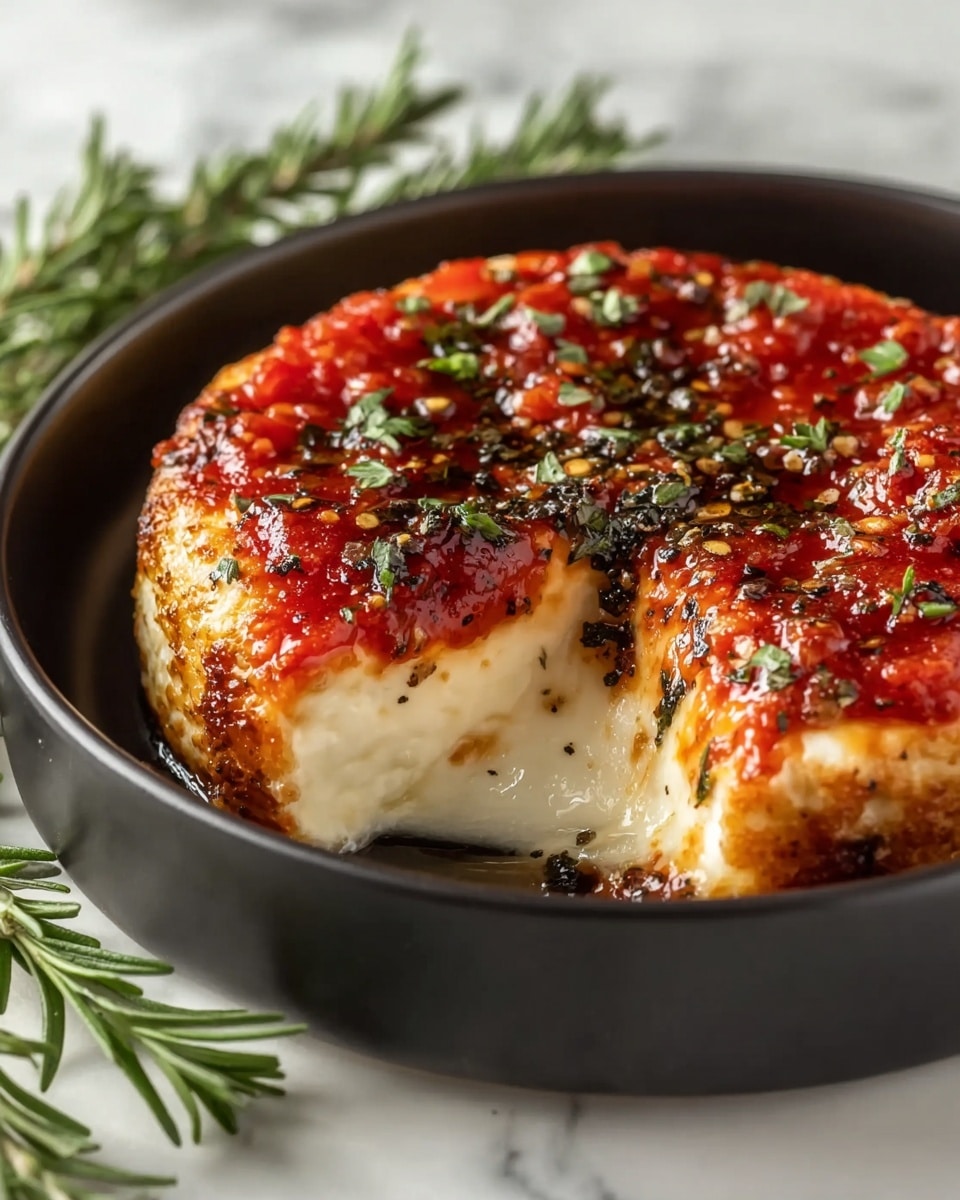The image shows a close-up of a round dish with one large layer of melted, creamy white cheese topped with a glossy, thick red tomato sauce sprinkled with black pepper and green herbs. A small section of the cheese is scooped out, revealing its soft, gooey texture under the sauce. A small green basil leaf sits on top for decoration. The dish is inside a black pan, placed on a white marbled surface with a sprig of rosemary nearby. photo taken with an iphone --ar 4:5 --v 7