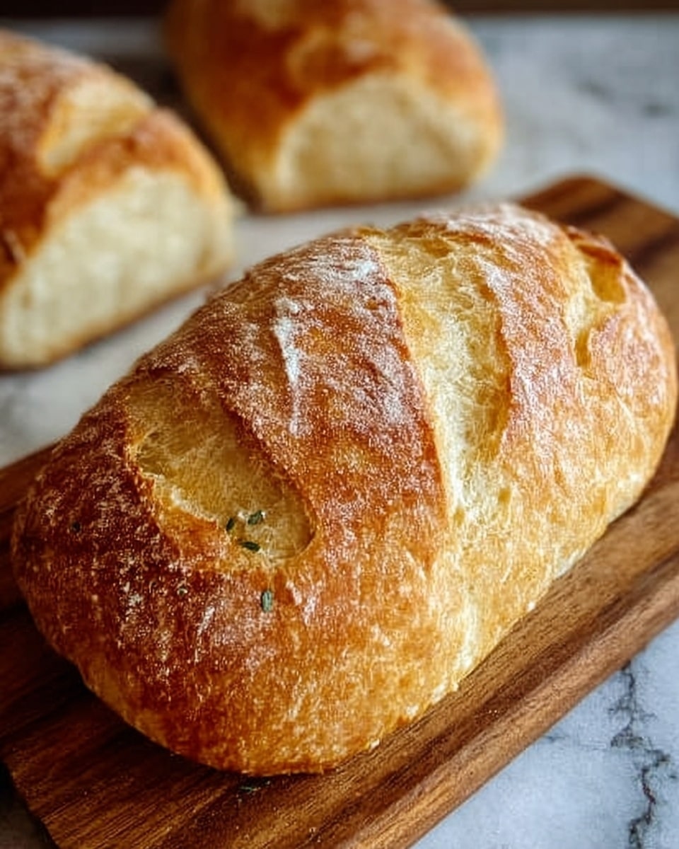 The image shows a fresh loaf of bread resting on a wooden board, featuring a golden-brown crust dusted lightly with flour. The bread has three diagonal cuts on top revealing a soft, slightly yellow crumb inside. The surface around the bread is a white marbled texture, adding a clean contrast to the warm tones of the loaf. In the background, another loaf is partially visible, slightly out of focus. Photo taken with an iphone --ar 4:5 --v 7
