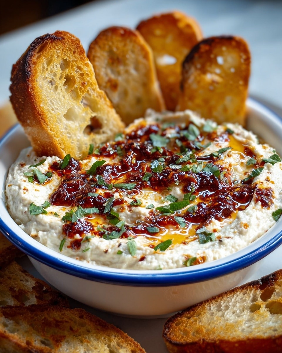 A white bowl with a blue rim holds a creamy white dip topped with dark red chili oil drizzles and small green herb pieces scattered evenly across the surface. The texture of the dip is smooth with slight lumps, and the chili oil adds a shiny, oily finish. Around the edge of the bowl, lightly toasted golden brown bread slices stand upright, with more bread slices lying flat nearby. The whole setup is on a white marbled surface. photo taken with an iphone --ar 4:5 --v 7