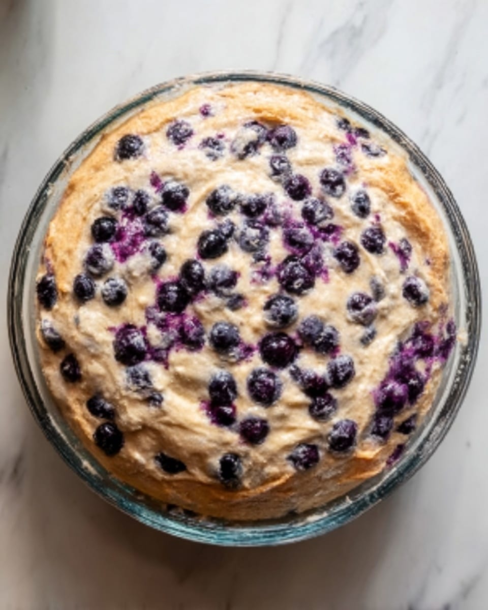 A round glass bowl filled with a thick, light beige batter mixed with whole blueberries, some of which have burst and spread purple juice throughout the top layer. The top surface is slightly uneven with small cracks and browned spots, indicating it has been baked just enough to hold its shape. The batter’s texture looks soft and moist with the blueberries standing out as dark blue and purple spots scattered evenly across the upper layer. The bowl is placed on a white marbled surface. photo taken with an iphone --ar 4:5 --v 7