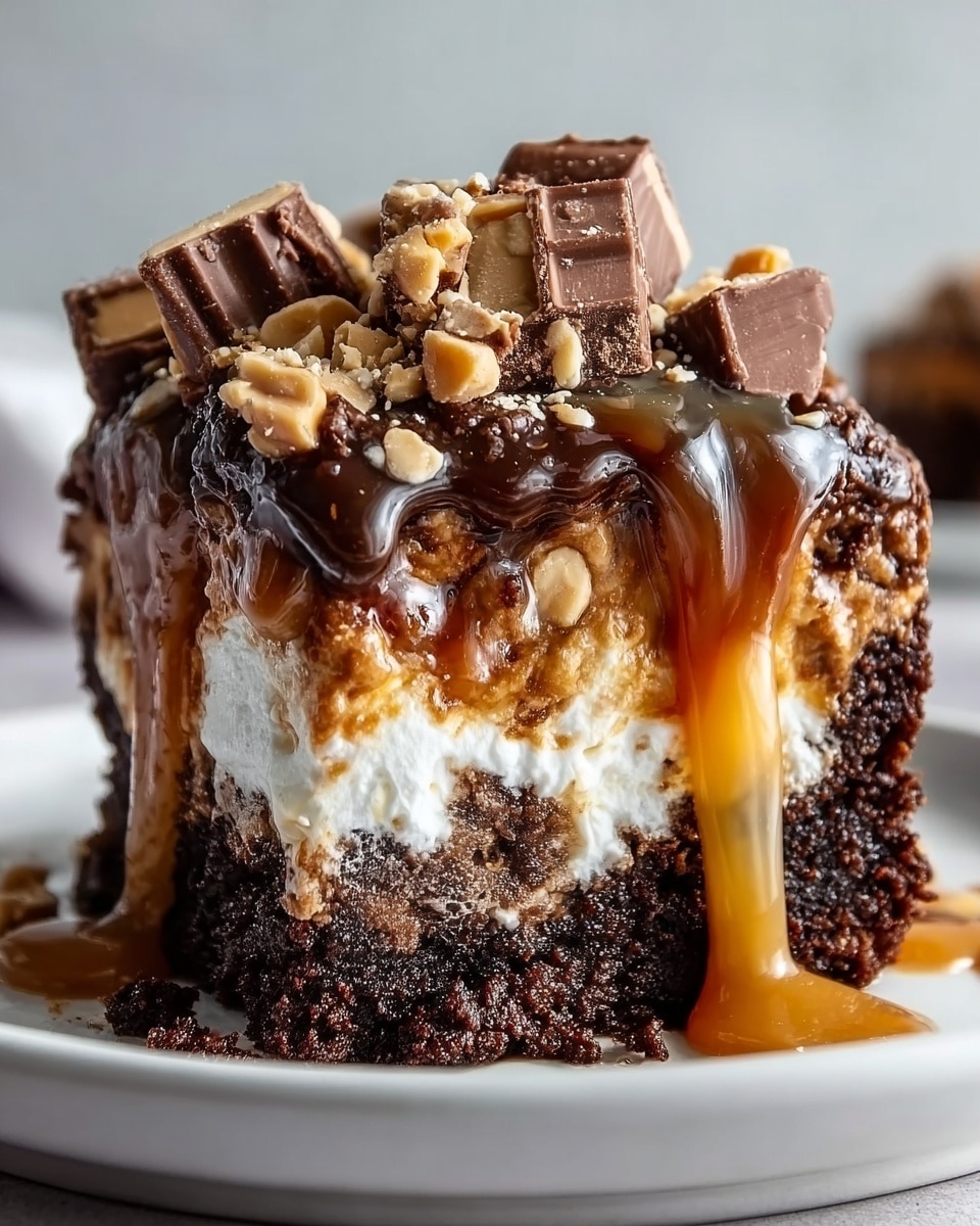 The image shows a thick, square slice of cake on a white plate, placed on a white marbled surface. The bottom layer is dark brown, moist chocolate cake. Above it is a layer of white marshmallow, partially covered by a caramel sauce that oozes down the sides. On top of the marshmallow is a shiny dark chocolate layer with a mix of crushed light brown nuts and chunks of chocolate candy sprinkled over it. The caramel sauce drips over the top and sides, adding a glossy look. The background is softly blurred and blue-toned. Photo taken with an iphone --ar 4:5 --v 7