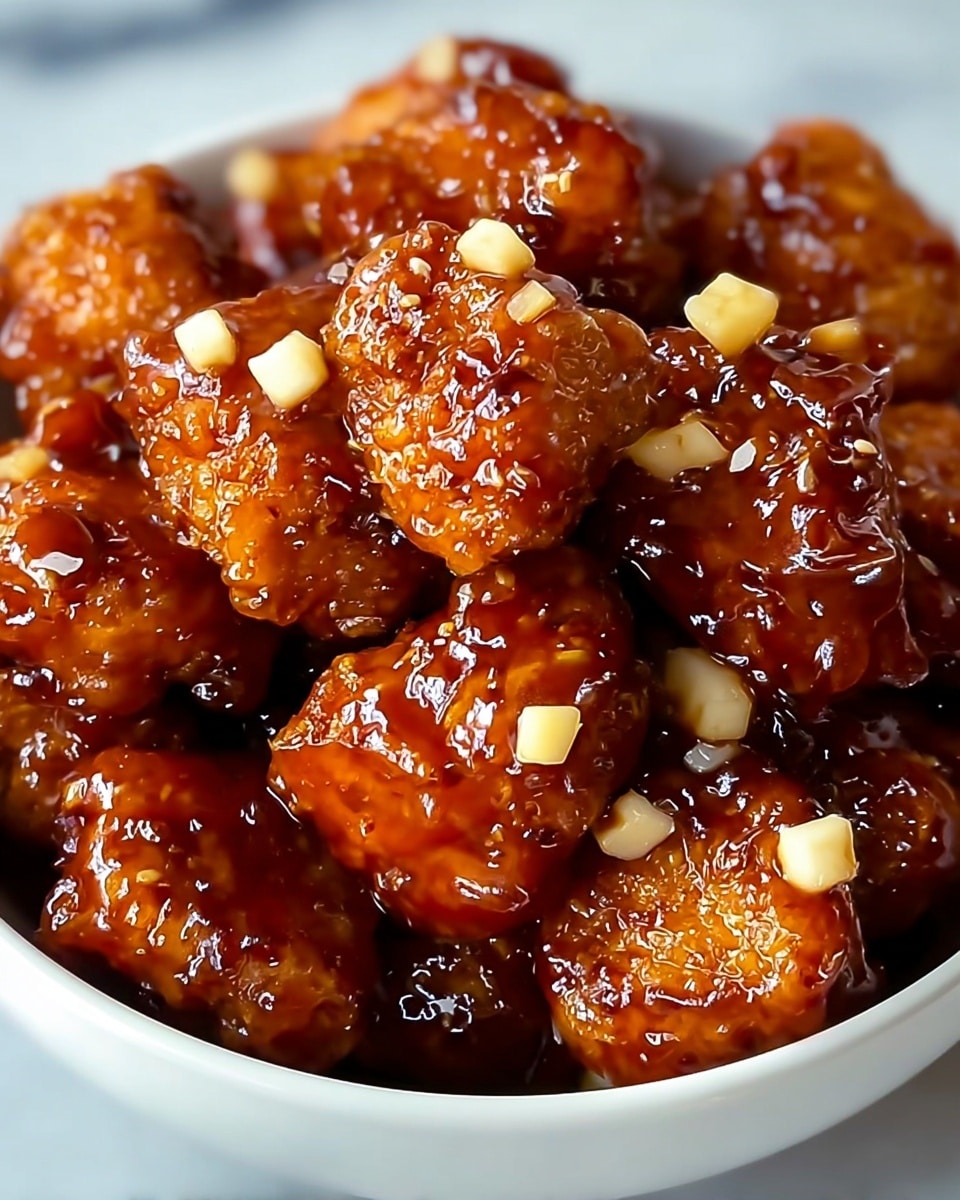 The image shows pieces of fried food coated with a thick, shiny brown sauce, piled up closely together in a white bowl. The fried pieces are golden-brown with a crispy-looking texture beneath the glossy sauce, and small, pale yellow cubes are scattered nicely among the pieces, adding contrast. The sauce layers the food with a smooth, sticky look that covers each piece evenly. The bowl sits on a white marbled surface, creating a clean and simple backdrop that highlights the rich colors and texture of the food. photo taken with an iphone --ar 4:5 --v 7