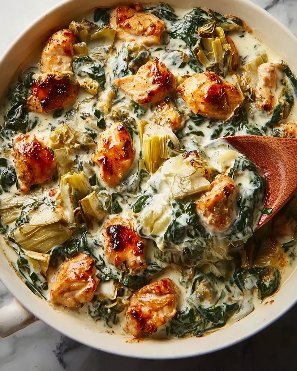 A close-up of a white bowl filled with creamy chicken and spinach dish. The dish has visible pieces of cooked chicken with golden brown, slightly crispy tops, mixed with green spinach leaves and pale yellow artichoke pieces. The creamy white sauce covers the ingredients, giving the dish a rich texture. A wooden spoon is partially dipped in the bowl, lifting some of the mixture. The whole setup rests on a white marbled surface. photo taken with an iphone --ar 4:5 --v 7