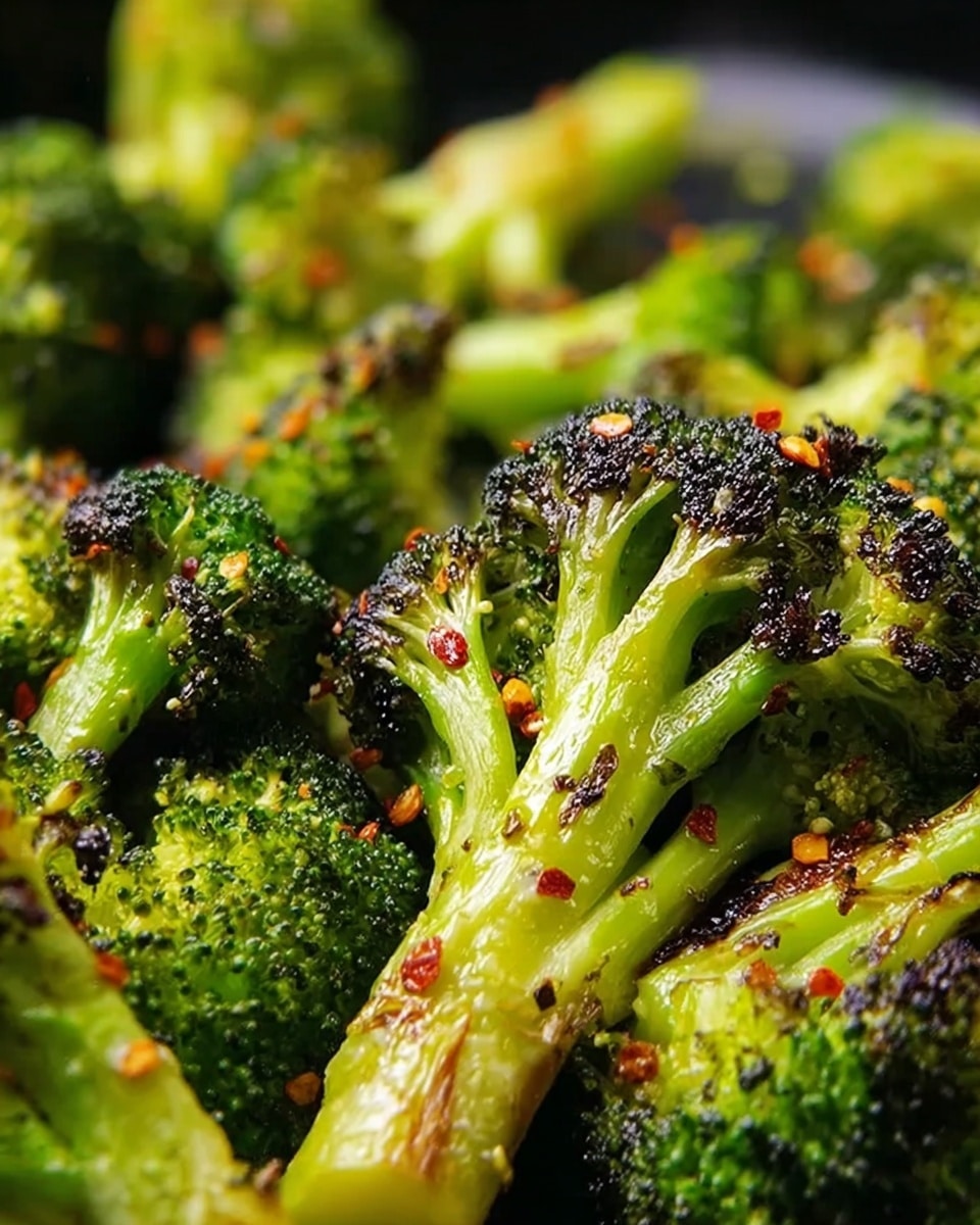 A close-up view of roasted broccoli florets showing three main layers: the bottom layer has light green stalks with a tender texture, the middle layer consists of bright green with some slightly charred edges for a crispy look, and the top layer is dark green with small bits of red chili flakes and specks of black seasoning evenly spread over the surface. The broccoli appears juicy with a slight shine from oil, all sitting on a white marbled textured surface. Photo taken with an iphone --ar 4:5 --v 7