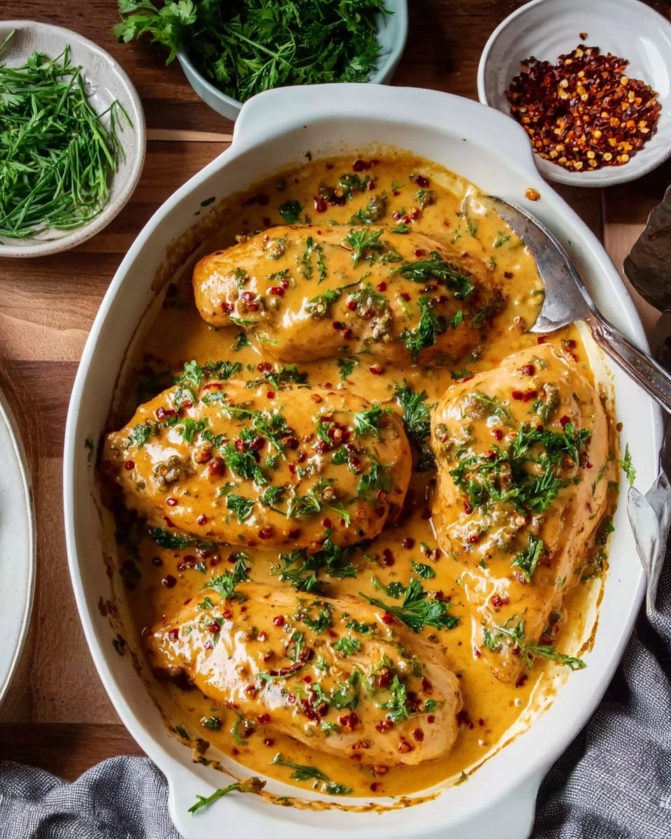 The image shows four pieces of chicken breasts covered in a thick, creamy orange sauce inside a white baking dish. The sauce has a glossy texture with visible small red chili flakes and bits of seasoning mixed in. Fresh green parsley leaves are scattered on top of the chicken, adding a bright contrast. The white baking dish sits on a wooden surface with a small white bowl containing crushed red pepper flakes to the right and a gray cloth with chopped herbs to the left. photo taken with an iphone --ar 4:5 --v 7