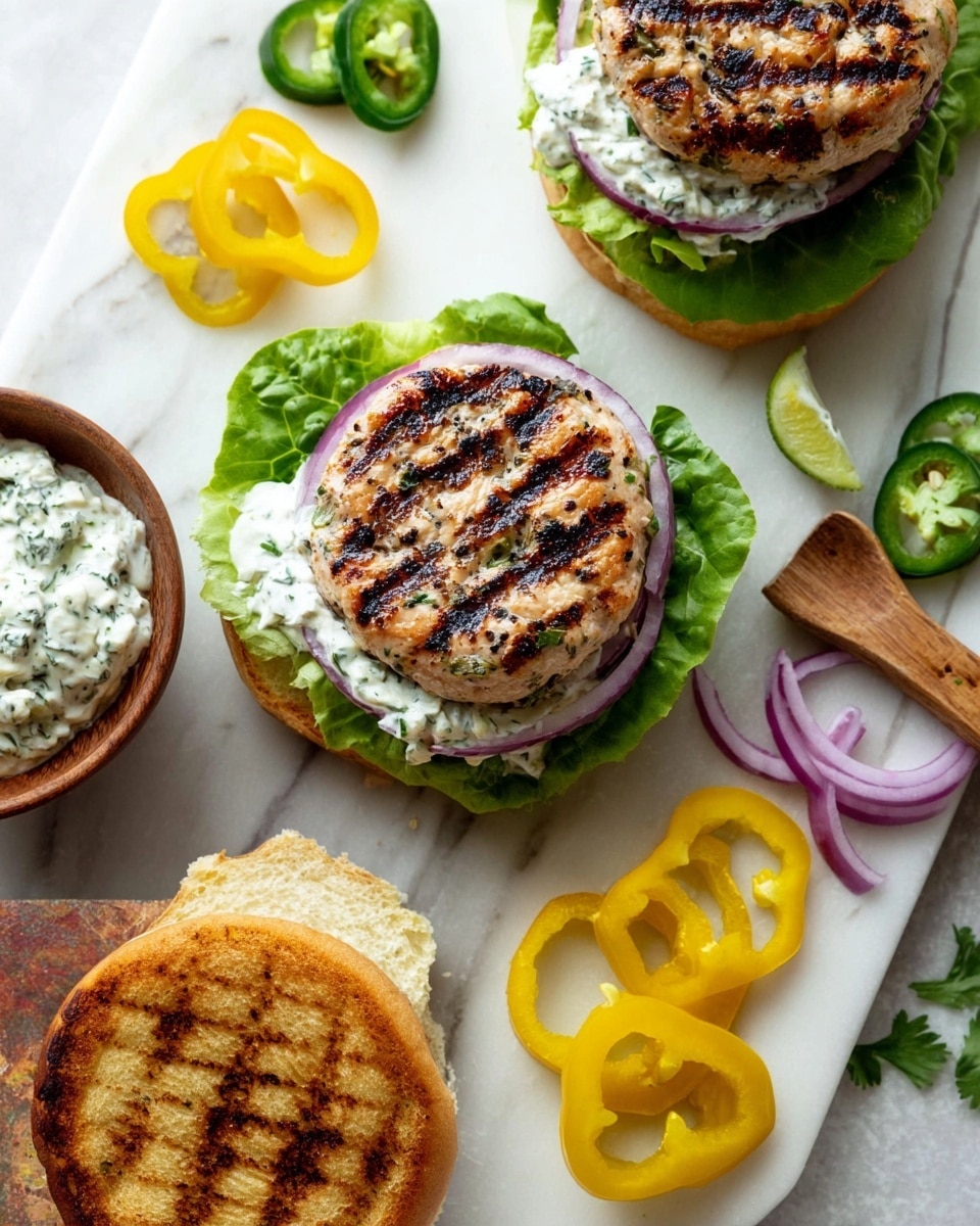 Two grilled chicken burgers are partially assembled on a white marbled surface, each with a base layer of a grilled light brown bun, followed by a fresh green lettuce leaf, several thin slices of purple onion, and a thick layer of creamy white sauce with green herbs. On top sits a round, grilled chicken patty with dark grill marks, showing hints of herbs and seasoning. To the side, the top bun is toasted with visible grill lines and a slice of yellow pepper rings on it. Next to the burgers are scattered yellow pepper rings, thin purple onion slices, a small dollop of the herb sauce, and a few slices of green jalapeno. The scene includes a wooden utensil holding some yellow peppers, all placed on the white marbled surface. photo taken with an iphone --ar 4:5 --v 7