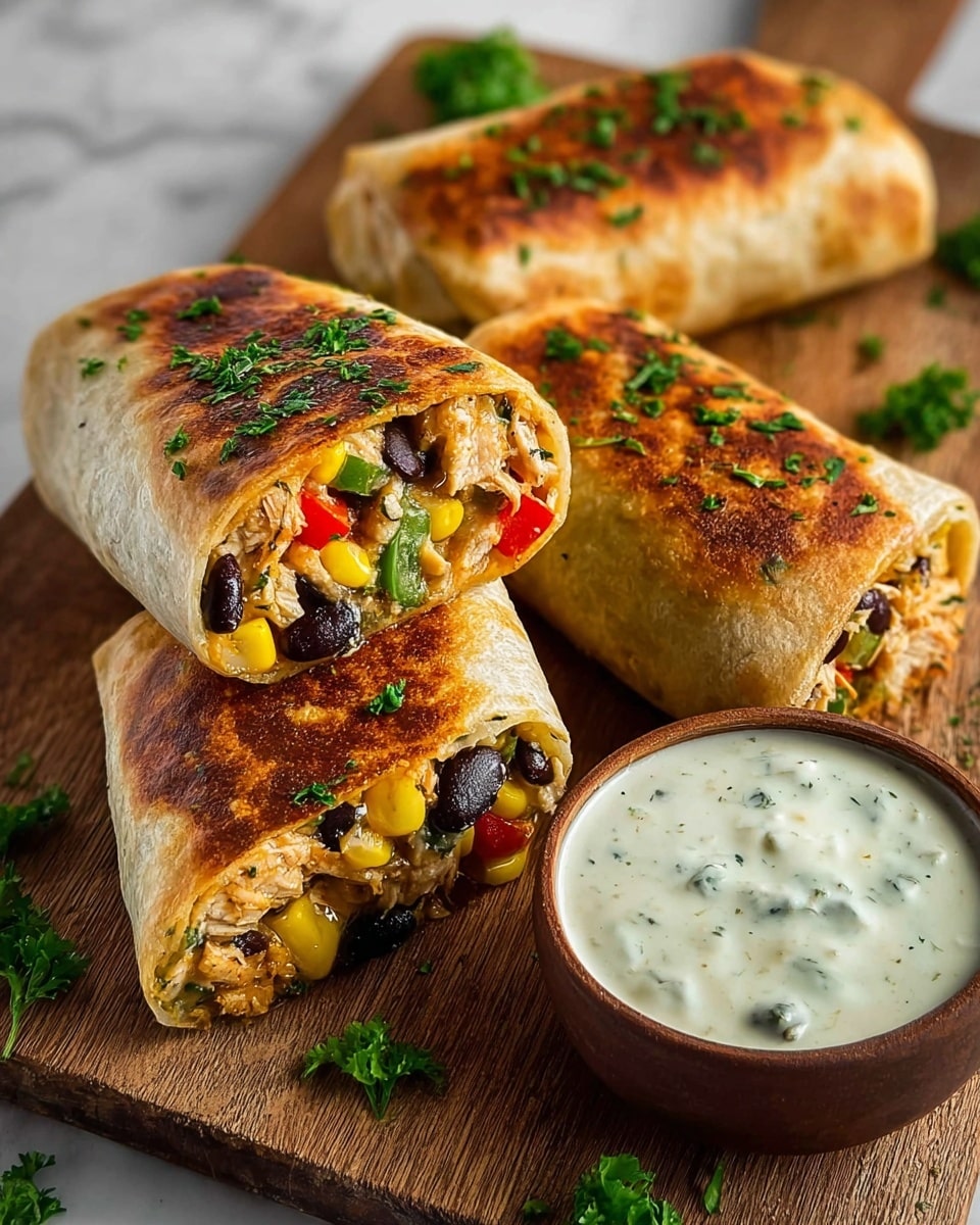 The image shows three golden brown grilled burritos with a crispy texture, lying on a wooden board. One burrito is cut open at the front, showing colorful layers inside with yellow corn, black beans, red bell pepper, and shredded chicken mixed with herbs. The burritos are garnished with small green herb pieces scattered on top and around them. Next to the burritos is a small brown bowl filled with creamy white sauce mixed with green herbs. Fresh green herb leaves are also placed on the wooden board around the burritos. photo taken with an iphone --ar 4:5 --v 7