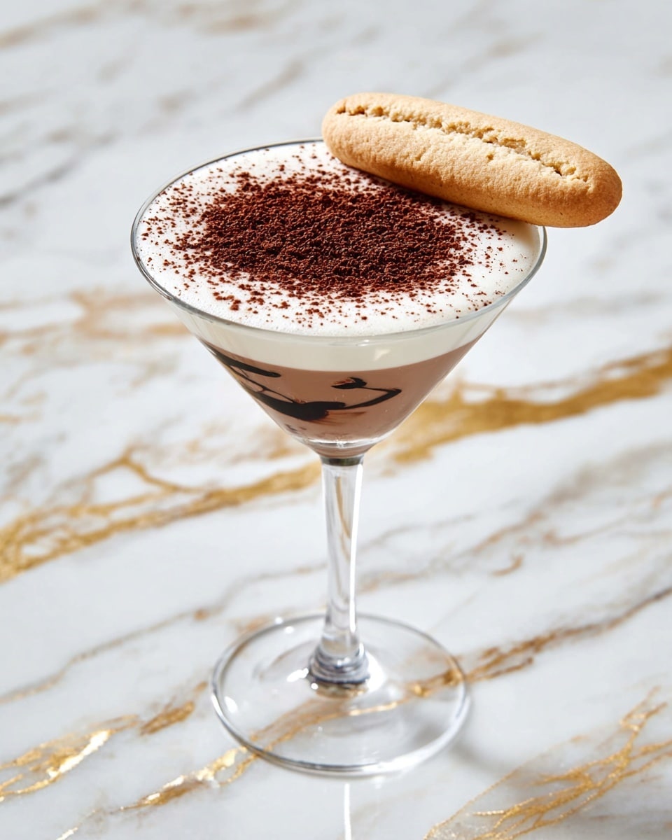 A clear martini glass holds a three-layered dessert drink on a white marbled surface with gold veins. The bottom layer is a light brown creamy base with dark brown chocolate swirls spreading through it. On top, there is a thick, frothy white foam layer. A dusting of dark brown cocoa powder is sprinkled in a circle on the foam’s center. Resting across the rim of the glass is a light tan ladyfinger biscuit with a rough, textured surface. Photo taken with an iphone --ar 4:5 --v 7