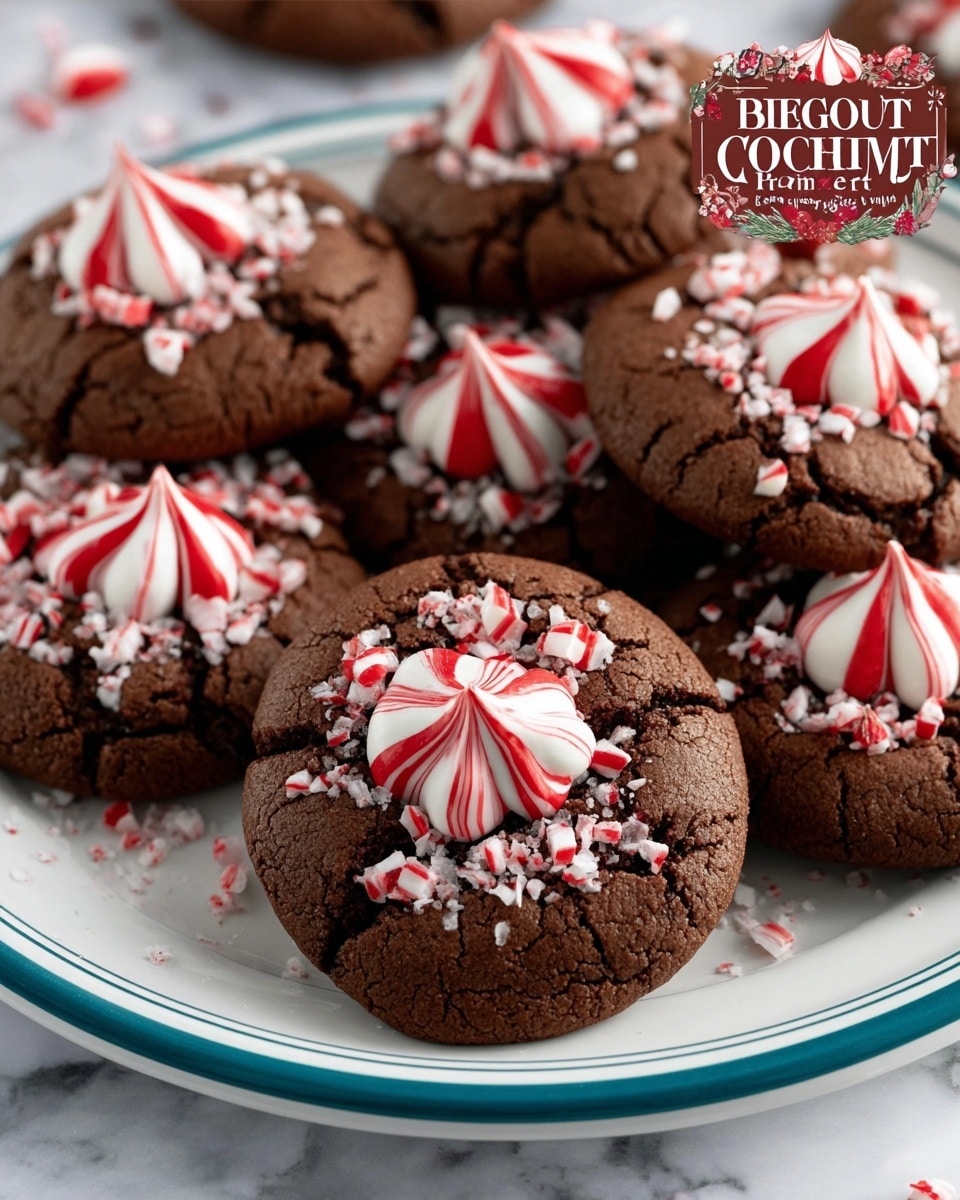 The image shows soft, round chocolate cookies with a cracked surface, each topped with a single peppermint candy shaped like a teardrop with red and white stripes. Around the candy on the top center of each cookie are crushed peppermint bits scattered, adding texture and festive color. The cookies are placed on a white plate with a blue rim, resting on a white marbled surface. The whole scene gives a cozy, homemade holiday feel with the rich dark brown of the cookies contrasting with the bright red and white peppermint candies. photo taken with an iphone --ar 4:5 --v 7