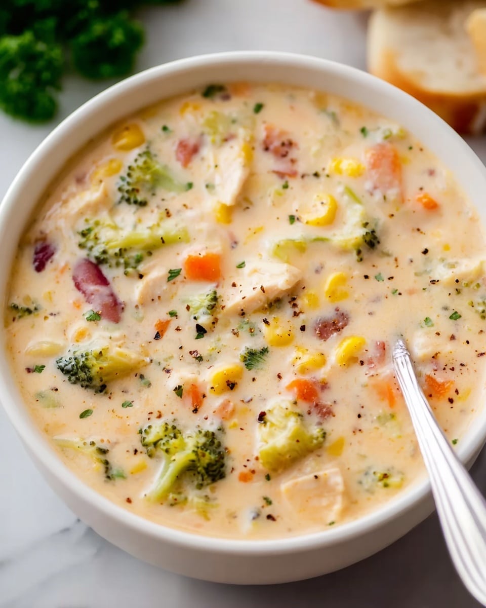 A white bowl filled with creamy soup that has a thick texture with various small chunks. The soup contains bits of green broccoli, orange carrot, yellow corn kernels, red beans, and white pieces of chicken. The surface of the soup is sprinkled with small black pepper flakes. A spoon with a curved handle rests inside the bowl on the right side. The bowl is placed on a white marbled surface, with some green parsley leaves and pieces of bread visible blurred in the background. photo taken with an iphone --ar 4:5 --v 7