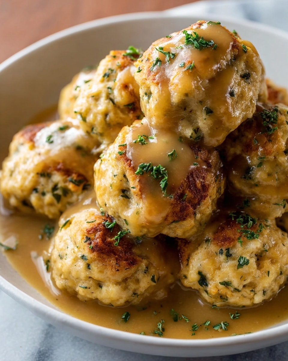 The image shows a close-up of a white bowl filled with golden-brown dumplings that have a rough, crumbly texture with visible green herbs mixed in. Each dumpling is round with a slightly uneven surface and is covered in a smooth, light brown gravy that drips gently over the edges. The dumplings are stacked in layers with some resting on the gravy pool at the bottom of the bowl. Small green herb pieces are sprinkled on top of the dumplings, adding a fresh contrast to the warm, earthy colors. The bowl sits on a white marbled surface. photo taken with an iphone --ar 4:5 --v 7
