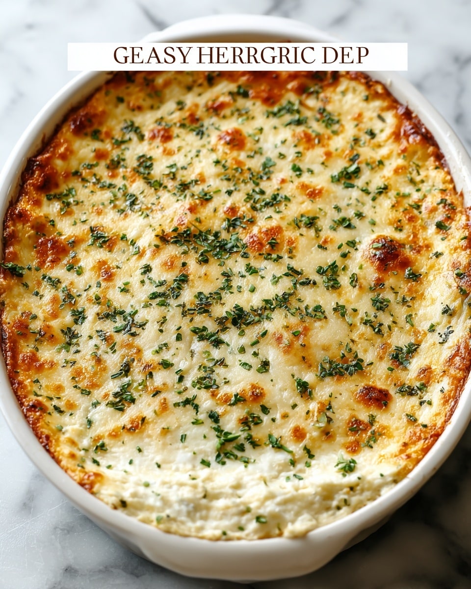 The image shows a close-up of a baked cheesy garlic herb dip in a white baking dish. The top layer is golden brown melted cheese with small browned spots and a slightly bubbly texture, sprinkled with fine bits of green herbs. Below the cheese, the dip looks creamy and white, with a soft and smooth texture visible around the edges. The baking dish sits on a white marbled surface. photo taken with an iphone --ar 4:5 --v 7