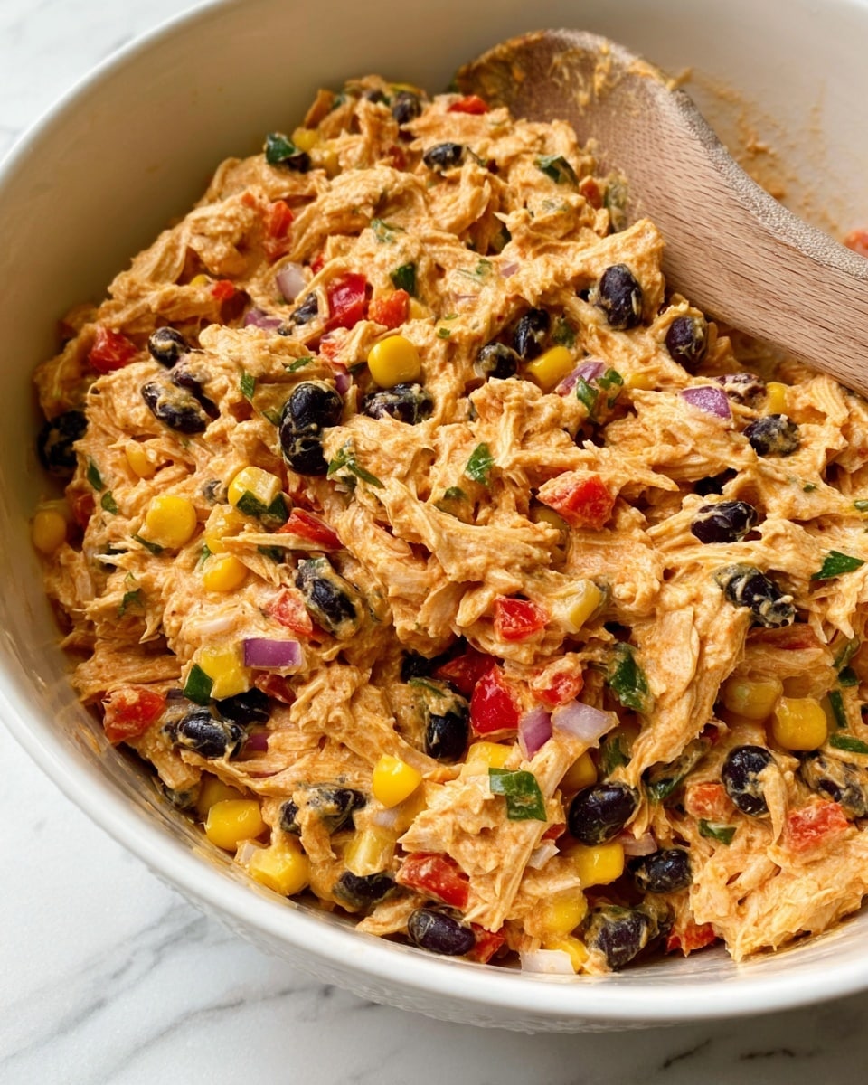 A close-up of a creamy mixed salad in a large white bowl, showing one layer of shredded chicken coated in an orange-tinted sauce, mixed evenly with black beans, yellow corn kernels, red bell pepper pieces, small bits of red onion, and green herbs. The texture looks smooth and thick with visible chunks of vegetables and tender chicken. A wooden spoon rests inside the bowl against the side, partially covered by the salad. The scene has a white marbled texture background. photo taken with an iphone --ar 4:5 --v 7