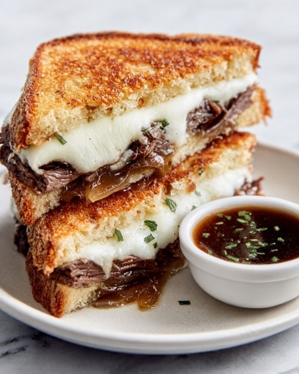 A toasted sandwich cut in half and stacked on a white plate with a white marbled texture under it. The sandwich has three visible layers: the top and bottom thick slices of golden-brown grilled bread with a crispy texture; inside, there is a layer of melted white cheese, a layer of thinly sliced tender brown roast beef, and a layer of caramelized onions with a glossy brown look. Small green herb garnishes are sprinkled over the cheese. Next to the sandwich is a small white ramekin filled with dark brown dipping sauce topped with green herb bits. photo taken with an iphone --ar 4:5 --v 7