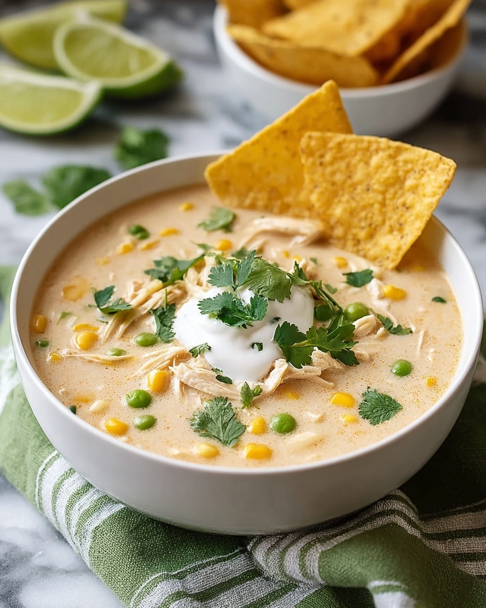 A white bowl filled with creamy beige soup containing shredded chicken, bright yellow corn kernels, and green peas scattered throughout. On top, there is a dollop of white sour cream garnished with fresh green cilantro leaves. Three triangular yellow tortilla chips stand upright inside the bowl on the right side. The bowl rests on a folded gray and green cloth on a white marbled surface. In the background, out of focus, there is a white bowl with lime wedges and some more tortilla chips. Photo taken with an iphone --ar 4:5 --v 7