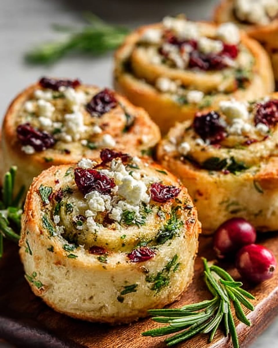 The image shows four baked pastry swirls on a white marbled surface, each swirl featuring a golden brown crust with visible layers. The outer layer is shiny and crisp, while the inner layers are soft and light yellow. Inside the spirals, there are bits of dark red cranberries and small green herb flecks evenly spread throughout the dough. The tops of the pastries are sprinkled with white crumbly cheese and finely chopped green herbs. Around the base of the pastries, there are loose fresh rosemary sprigs and a few whole cranberries in a rich red color. Photo taken with an iphone --ar 4:5 --v 7