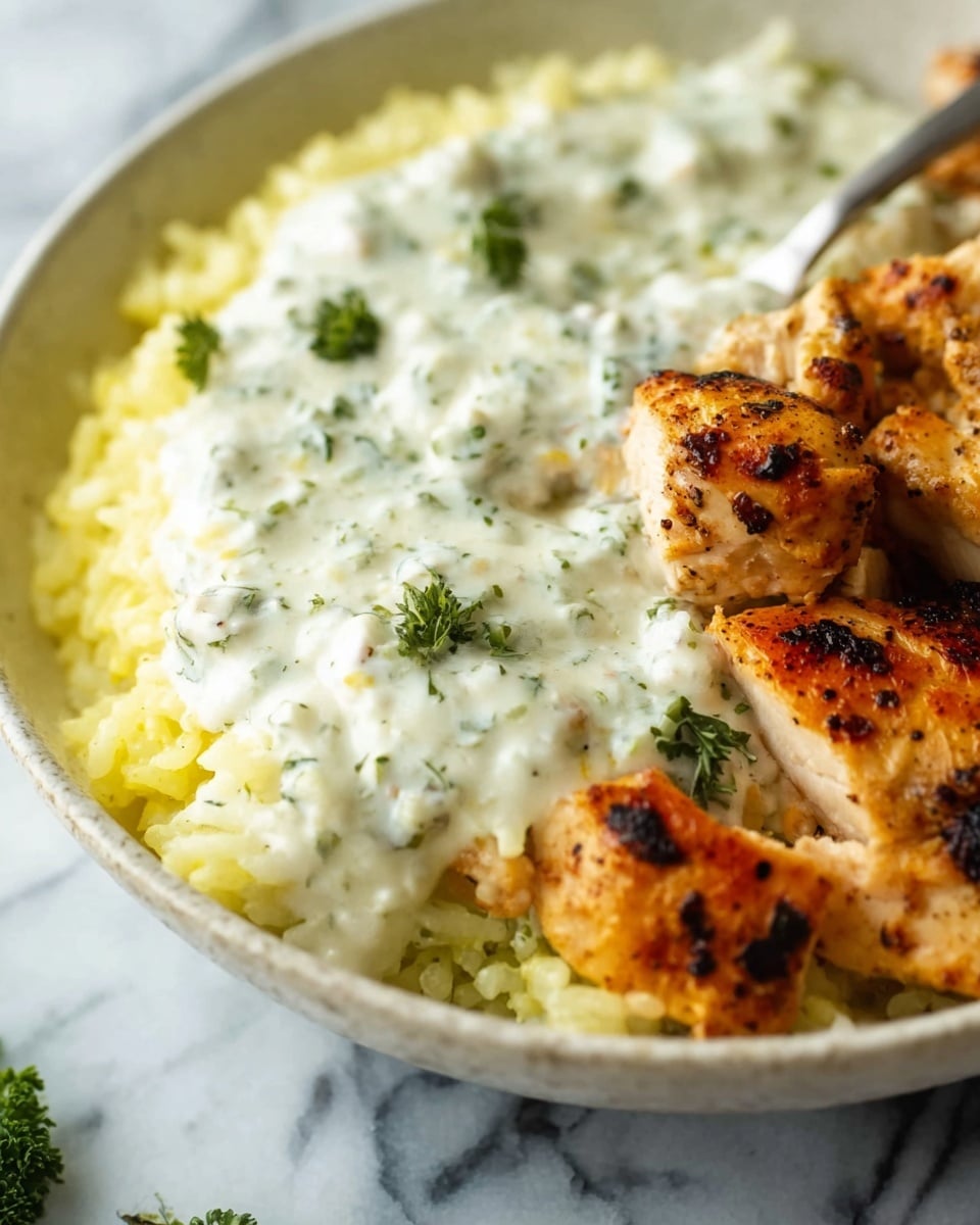 The image shows a close-up of a dish with pieces of golden-brown grilled chicken on the right side, textured with char marks. On the left side, there is a layer of creamy white sauce with herbs, spread thickly over a bed of yellow rice that looks soft and fluffy. Small green herb leaves are sprinkled on top of the sauce adding fresh color. The dish is on a white plate, placed on a white marbled surface. Photo taken with an iphone --ar 4:5 --v 7