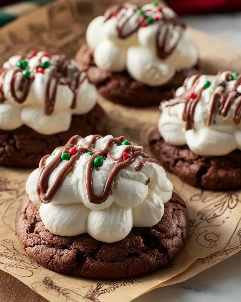 The image shows four chocolate cookies placed on a brown paper with print. Each cookie has one thick, soft dark brown base with a cracked surface. On top of each base, there is a tall, puffy layer of white whipped cream with a smooth texture. The whipped cream is decorated with thin zigzag lines of milk chocolate drizzle in a medium brown color. Small red and green round sprinkles are scattered on top of the whipped cream. The cookies are close to each other and the background is a white marbled surface. photo taken with an iphone --ar 4:5 --v 7