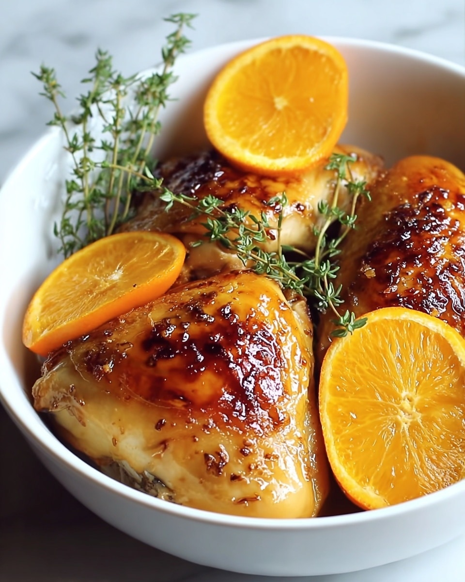 A white bowl holds three pieces of cooked chicken with a shiny, golden-brown, slightly crispy skin on top. Two orange slices with bright orange color and visible segments are placed on and around the chicken pieces. Fresh green sprigs of thyme are scattered over the chicken and orange slices, adding a touch of freshness. The background is a white marbled texture. photo taken with an iphone --ar 4:5 --v 7