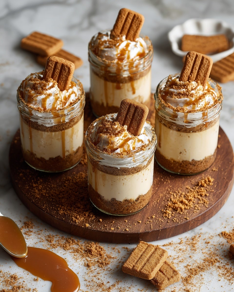 Five small glass jars hold a layered dessert with three clear layers: at the bottom is a thick, dark brown crumb layer, followed by a creamy light beige layer in the middle, and topped with a fluffy white whipped cream layer. The tops are sprinkled with fine brown crumbs and drizzled with caramel sauce. Each jar has a rectangular brown cookie inserted on one side, standing upright. The jars are placed on a round wooden board surrounded by scattered brown crumbs and three rectangular cookies on a white marbled surface, with a spoon holding caramel sauce nearby. photo taken with an iphone --ar 4:5 --v 7