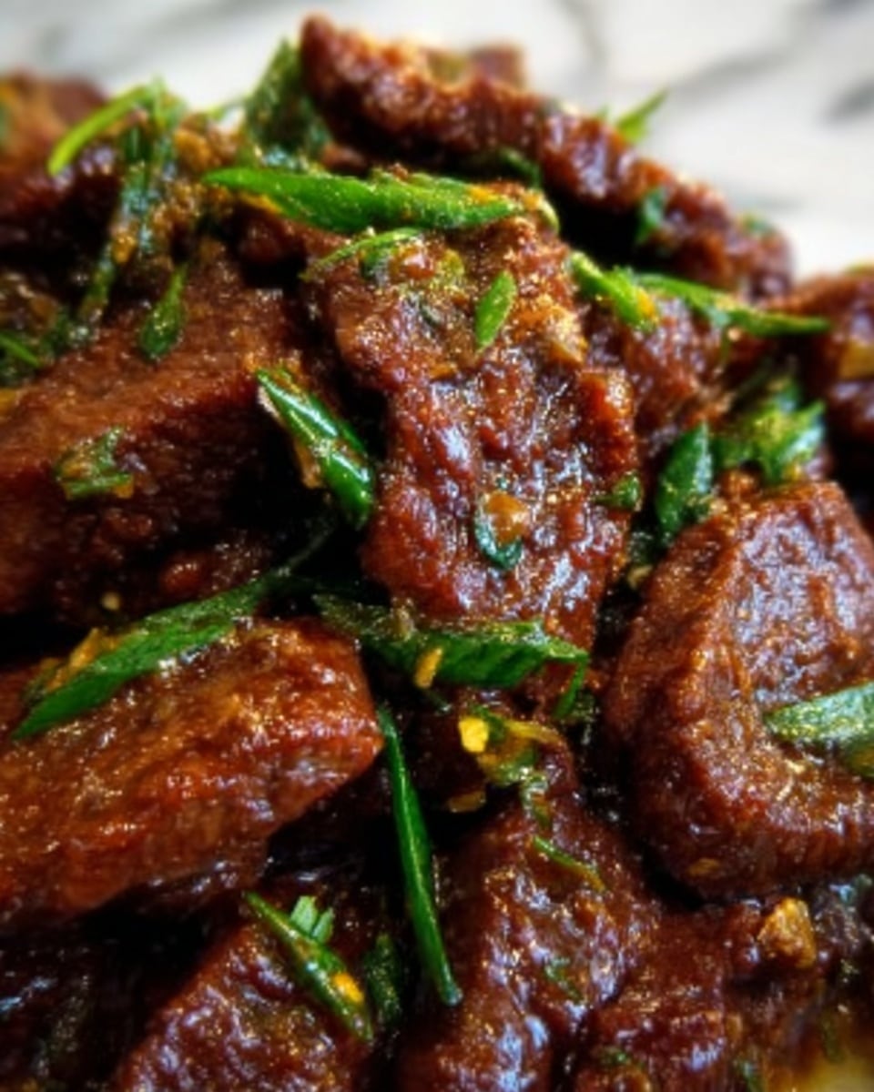 The image shows a close-up of a cooked meat dish with thin, tender slices of brown meat covered in a shiny glaze. Bright green steamed vegetable pieces are scattered on top, adding contrast with their fresh color and soft texture. The meat looks juicy and well-cooked, sitting on a white marbled surface. The overall look is rich and savory with a mix of dark brown and vibrant green colors. photo taken with an iphone --ar 4:5 --v 7
