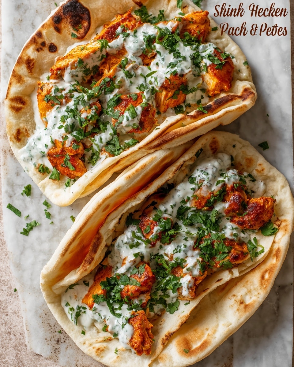 The image shows two sheet pan chicken pitas resting on a white marbled surface. Each pita has a soft, slightly toasted flatbread base folded in half, with an orange-colored baked chicken layer inside. The chicken pieces are topped with a creamy white herby ranch sauce that has green flecks, and fresh green chopped herbs are sprinkled over the sauce. The flatbreads have some browned spots and a soft texture, giving a warm and fresh look. Photo taken with an iphone --ar 4:5 --v 7