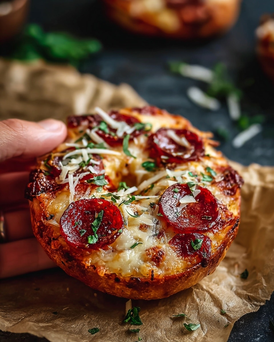 A small round pizza bagel is shown being held by a woman's hand on the left side. The bagel has a crispy, golden-brown crust with melted cheesy layers covering the top. On the cheese, there are several pepperoni slices scattered around with some crispy bits mixed in. Fresh green herbs and thin shavings of white cheese are sprinkled on top, adding texture and color contrast. The bagel rests on a piece of brown parchment paper against a dark surface blurred with hints of green herbs in the background. Photo taken with an iphone --ar 4:5 --v 7
