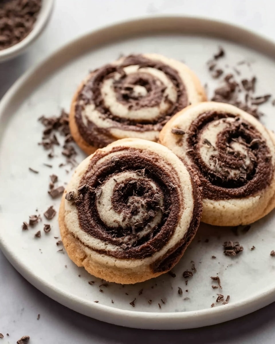 Three chocolate swirl cookies rest on a white round plate, placed on a white marbled surface. Each cookie has two visible layers: a light brown base and a darker brown spiral pattern on top, creating a swirl effect. There are small chocolate flakes scattered around the cookies on the plate, adding texture. The cookies look soft and slightly glossy, highlighting the chocolate swirls. Photo taken with an iphone --ar 4:5 --v 7
