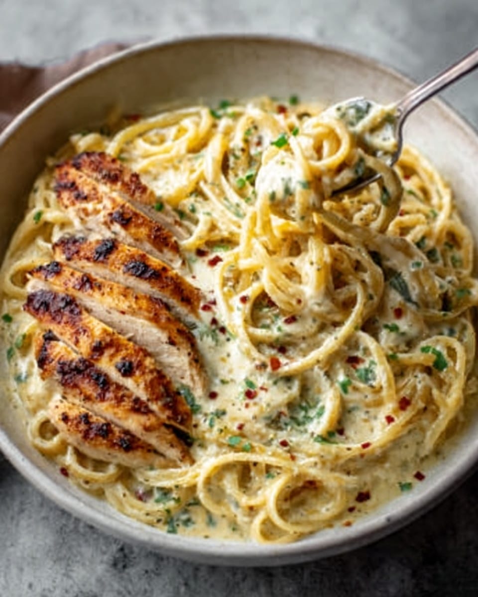 A white bowl filled with creamy fettuccine pasta in a thick, smooth sauce, topped with several slices of golden-brown grilled chicken that have clear sear marks. The pasta is light yellow with flecks of green herbs and small red chili pieces scattered on top. A woman's hand is lifting a forkful of pasta, showing the strands twisted around the fork and some sauce dripping slightly. The bowl sits on a white marbled textured surface. Photo taken with an iphone --ar 4:5 --v 7