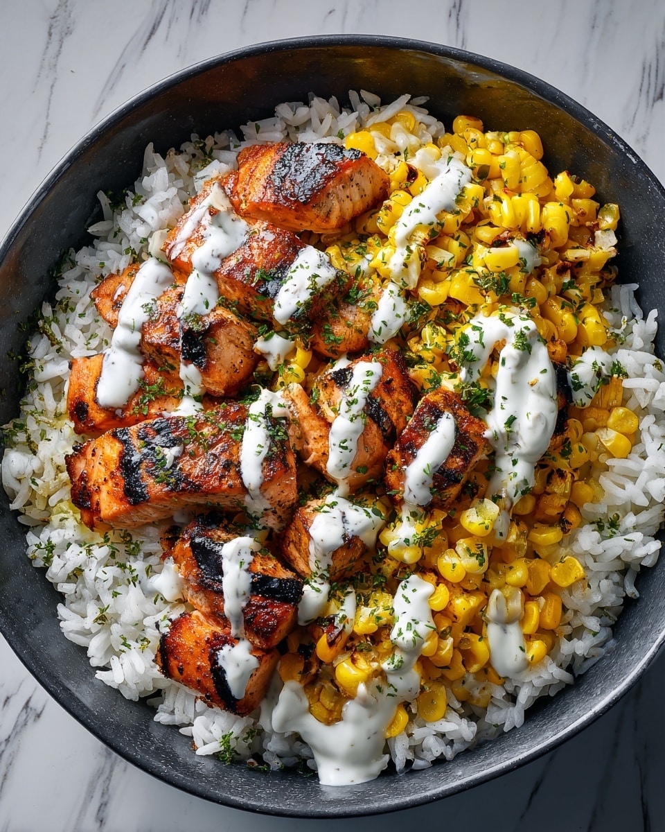 A black bowl filled with three layers: the bottom layer is white rice with a fluffly texture, the middle layer is bright yellow grilled corn kernels with some charred black spots, and the top layer is pieces of grilled chicken with dark brown char marks. The dish is drizzled with a creamy white sauce and sprinkled with finely chopped green herbs over all layers. The bowl is placed on a white marbled surface. photo taken with an iphone --ar 4:5 --v 7
