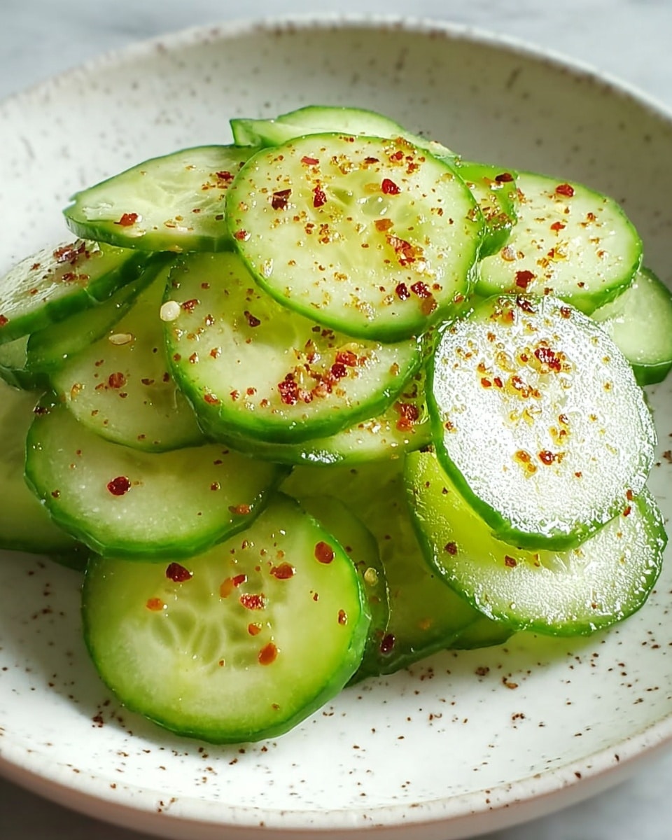 A close-up view of thin cucumber slices arranged in a small pile on a white plate with small brown speckles. Each slice is light green with a darker green edge, showing the translucent, watery texture inside. The cucumber slices are sprinkled lightly with red chili powder, adding small reddish-brown dots over the pale green surfaces. The plate sits on a white marbled surface. photo taken with an iphone --ar 4:5 --v 7