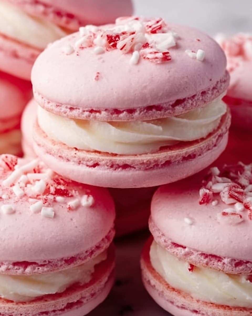 The image shows a close-up of pink macarons stacked closely together. Each macaron has two smooth, light pink shells with a slightly glossy finish and a thin ruffled edge. Between the shells, there is a creamy white filling that looks soft and smooth. Some of the macarons are topped with small pieces of crushed peppermint candy, adding texture and a white and red color contrast. The macarons sit on a white marbled surface, and the photo has a bright, soft light. photo taken with an iphone --ar 4:5 --v 7