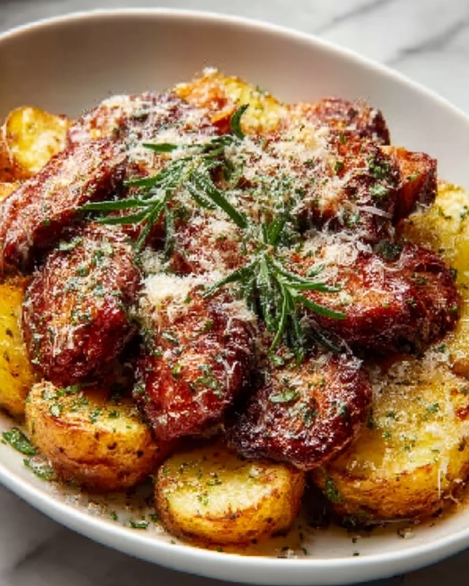 A white plate filled with several large golden-brown roasted potato pieces as the bottom layer, topped with thick, deep reddish-brown grilled meat slices arranged closely side by side. The meat is garnished with small green rosemary sprigs and sprinkled with fine white grated cheese. The dish sits on a white marbled textured surface. photo taken with an iphone --ar 4:5 --v 7