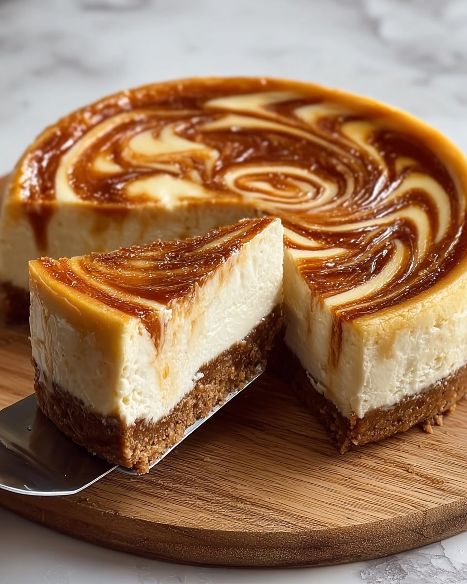 A slice of cheesecake on a wooden board shows three layers: the bottom is a crumbly brown crust, the middle is thick and creamy white cheese, and the top has a shiny swirl of golden caramel and cinnamon, creating a spiral pattern. The slice is being lifted by a silver spatula, revealing the smooth texture of the cheesecake’s side under the glossy top. The background is a white marbled surface. Photo taken with an iphone --ar 4:5 --v 7