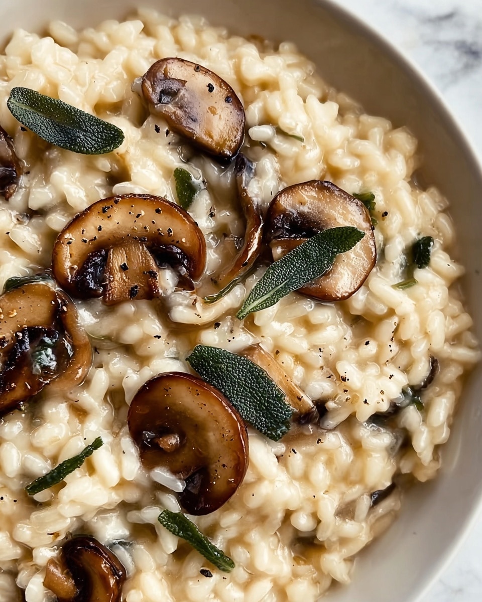 A close-up view of creamy mushroom risotto with soft, pale beige rice grains cooked to a tender texture. Scattered on top are slices of light to medium brown mushrooms with darker gills, showing a slight gloss from being cooked. Small dark green herb leaves are mixed throughout, adding a touch of fresh color. The risotto looks rich and moist with a glossy surface that catches the light. The dish is placed on a white bowl with a slight speckled pattern against a white marbled background. Photo taken with an iphone --ar 4:5 --v 7